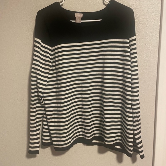 Chico's Sweaters - Chico’s Black and White Striped Sweater with Button Cuff Detail